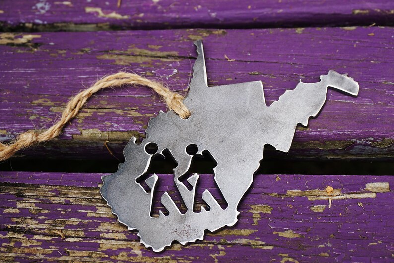 West Virginia State Hikers Metal Christmas Ornament Rustic Raw Steel WV Metal Holiday Decoration Stocking Stuffer Hike Hiking image 1