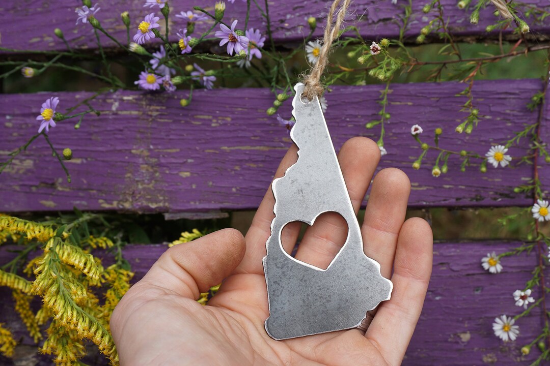 New Hampshire State Ornament With Heart Rustic Raw Steel Love NH ...