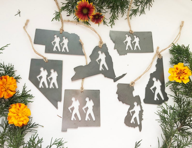 Pick your STATE HIKER Ornament made from Raw Steel Sustainable Gift Adventure Trails Mountain Number of hiker cutouts is NOT an option image 8