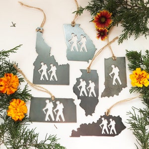 Pick your STATE HIKER Ornament made from Raw Steel Sustainable Gift Adventure Trails Mountain Number of hiker cutouts is NOT an option image 7