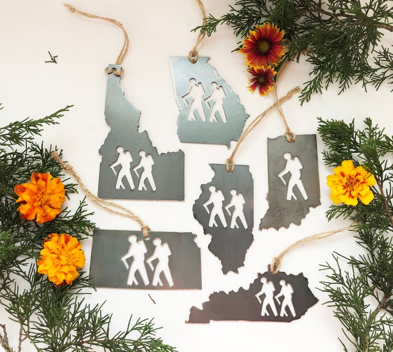 Pick your STATE HIKER Ornament made from Raw Steel Sustainable Gift Adventure Trails Mountain Number of hiker cutouts is NOT an option Bild 7