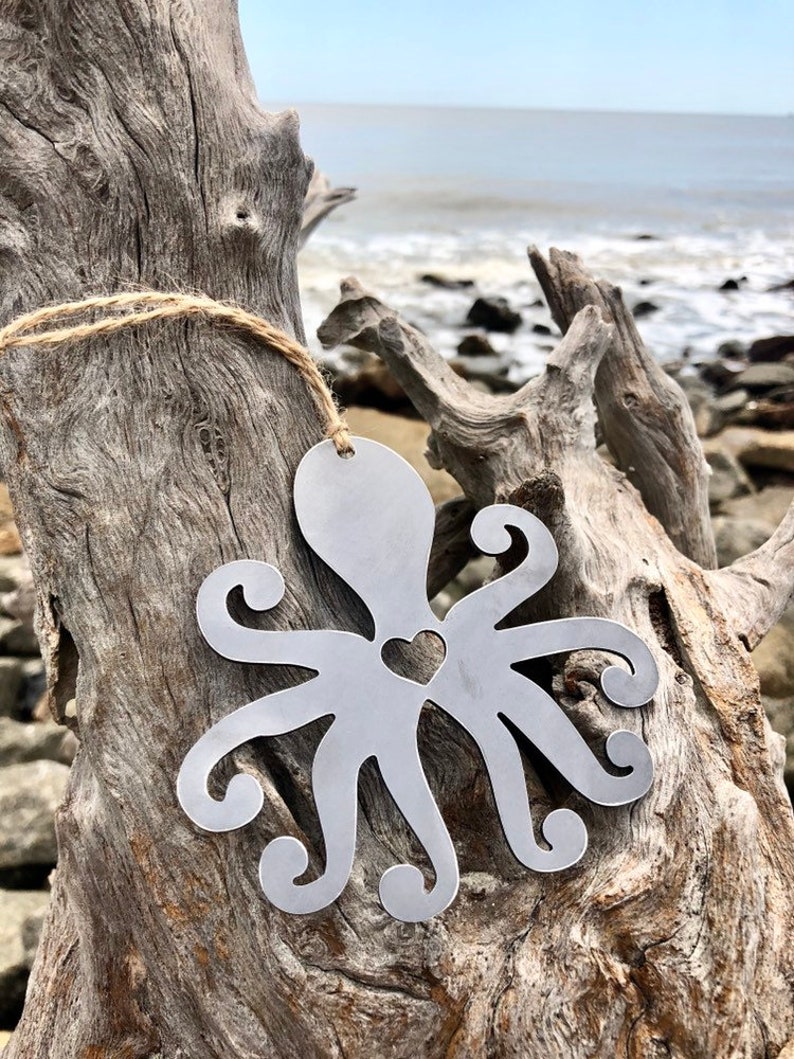 Octopus Metal Ornament Christmas Tree Decoration Holiday Decor Ocean Sea Beach House Hostess Gift Stocking Stuffer made from recycled steel image 2