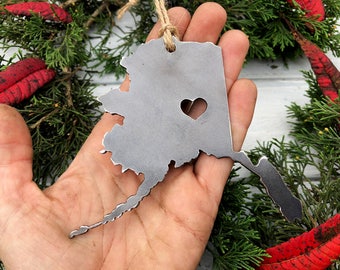 Alaska State Ornament with heart over Fairbanks made from Recycled Raw Steel Metal Christmas Ornament Hometown State Gifts Host Gift