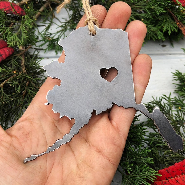 Alaska State Ornament with heart over Fairbanks made from Recycled Raw Steel Metal Christmas Ornament Hometown State Gifts Host Gift