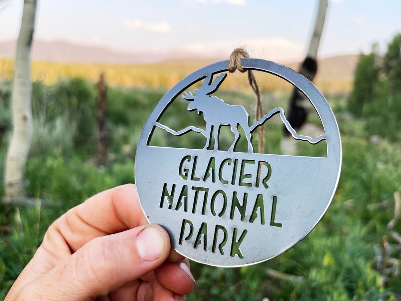 Glacier National Park Ornament made from recycled steel Montana Hiker Explore Adventure Into the Woods Climb Mountain Hiking Christmas Decor image 1