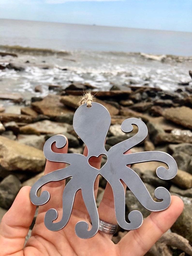 Octopus Metal Ornament Christmas Tree Decoration Holiday Decor Ocean Sea Beach House Hostess Gift Stocking Stuffer made from recycled steel image 3