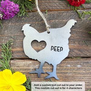 Chicken Hen Ornament with Heart made from Recycled Raw Steel Rustic Farmhouse Decor Farm Barn Homestead Farmstead Fresh Eggs Farm to Table up to 6 characters