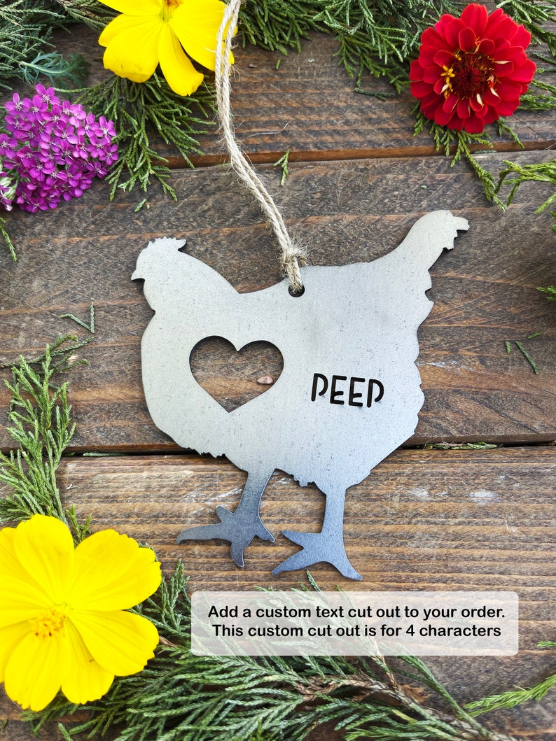 Chicken Hen Ornament with Heart made from Recycled Raw Steel Rustic Farmhouse Decor Farm Barn Homestead Farmstead Fresh Eggs Farm to Table up to 6 characters