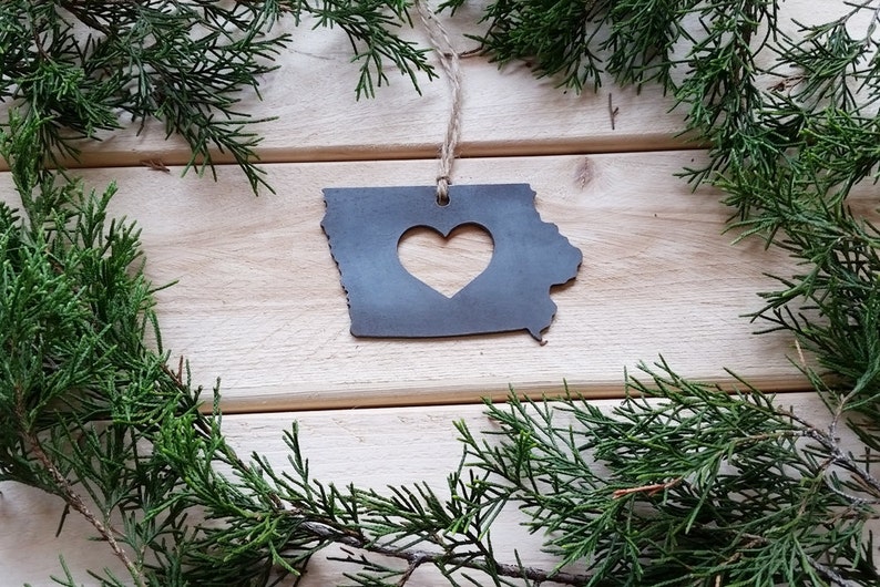 Iowa State Ornament made from 14g US Raw Steel Heirloom Gift Housewarming Gift Host Gift Home Welcome Gift Hospitality Gift Party Bag Tag image 3