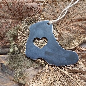 Hiking Boot Ornament with heart Metal Raw Steel Christmas Tree Decoration Gift Explore Hike Wander Adventure Outdoor Enthusiast Saunter image 7
