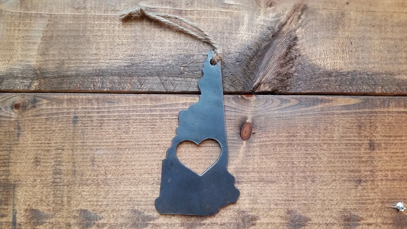 New Hampshire State Ornament With Heart Rustic Raw Steel Love NH ...