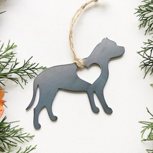 American Staffordshire Terrier Pitbull Ornament with heart Made from Recycled Raw Steel Metal Dog Ornament Fur Baby Gift Pet Remembrance