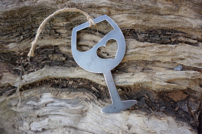 Wine Ornament with heart made from Recycled Raw Steel Love Vino Rustic Farmhouse Holiday Tree Decoration Host Gift Home Kitchen Decor Bar image 6