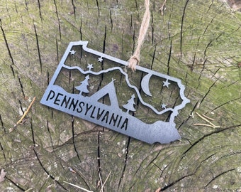 Pennsylvania State Tent Camping Mountain Metal Ornament made from Raw Steel Anniversary Gift Eco Friendly Sustainable Gift MADE in USA by US