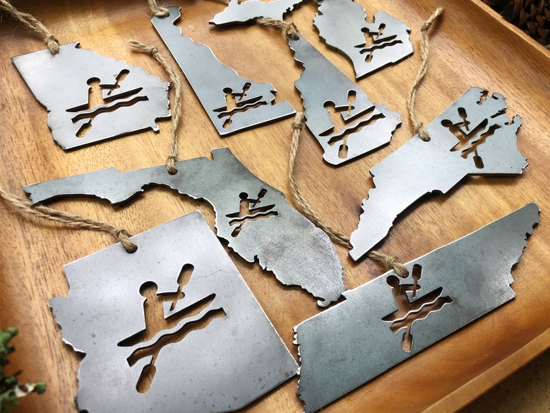 STATE Kayak Metal Ornament made from Raw Steel Sustainable Gift Explore White Water Adventure Gift River Lake Ocean Made in USA by US image 1