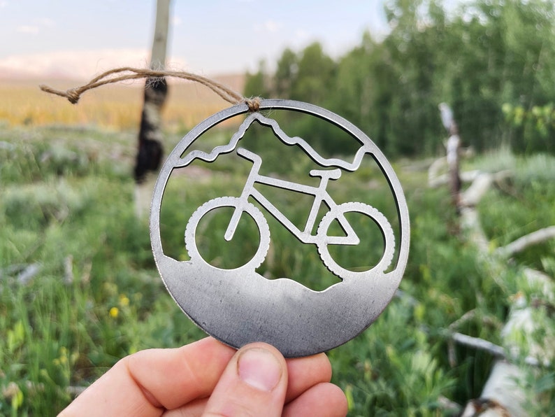 Mountain Biking Ornament made from 14g Raw US Steel Sustainable Gift Adventure Gift Explore Biking Gift Ride Bikes image 1