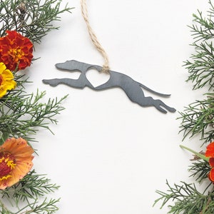 Greyhound Dog Ornament with Heart made from Recycled Raw Steel Rustic Farmhouse Pet memorial Pet Loss Gift Dog Love Sustainable Christmas image 7