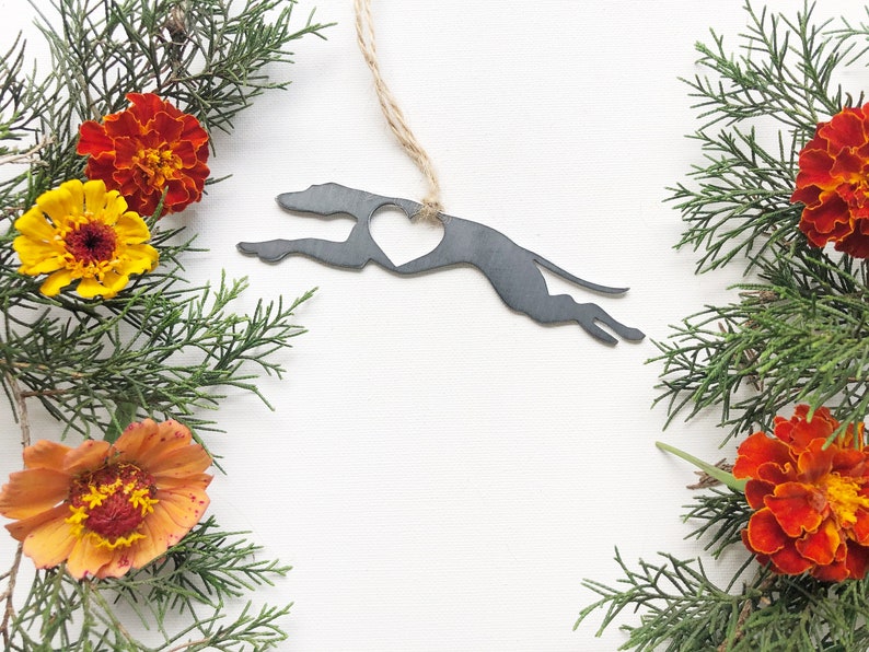 Greyhound Dog Ornament with Heart made from Recycled Raw Steel Rustic Farmhouse Pet memorial Pet Loss Gift Dog Love Sustainable Christmas image 7