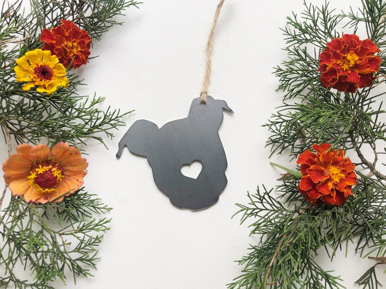 Puppy Dog Ornament with Heart Made from Recycled Raw Steel Metal Dog Ornament Christmas Tree Fur Baby Gift Rescue Dog Gift Pet Memorial No Personalization