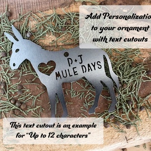 Donkey Ornament with heart made from Raw Steel Anniversary Jack Burro Arizona Grand Canyon Southwestern Desert Sustainable Ornament up to 12 Characters