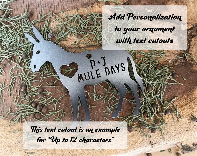 Donkey Ornament with heart made from Raw Steel Anniversary Jack Burro Arizona Grand Canyon Southwestern Desert Sustainable Ornament up to 12 Characters