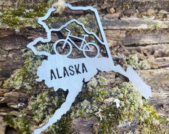 Alaska State Mountain Bike Metal Ornament made from Raw Steel Anniversary Gift Eco Friendly Sustainable Gift MADE in USA by US