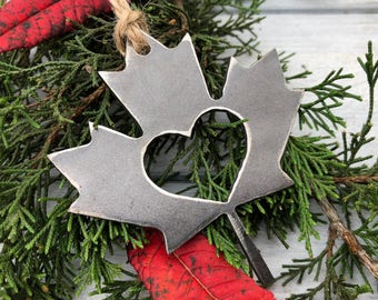 Fall Maple Leaf Christmas Ornament Vermont Canada Rustic Metal Heart Christmas Tree Ornament Holiday Gift Industrial Decor Wedding Favor