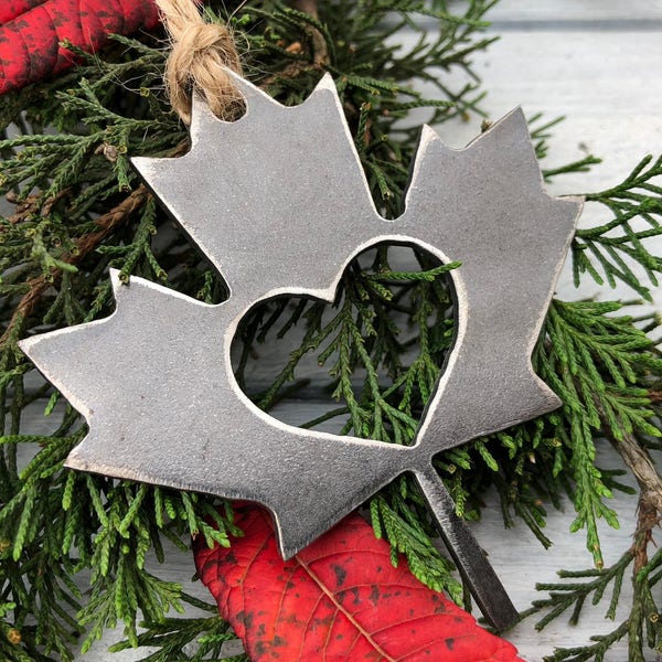 Fall Maple Leaf Christmas Ornament Vermont Canada Rustic Metal Heart Christmas Tree Ornament Holiday Gift Industrial Decor Wedding Favor