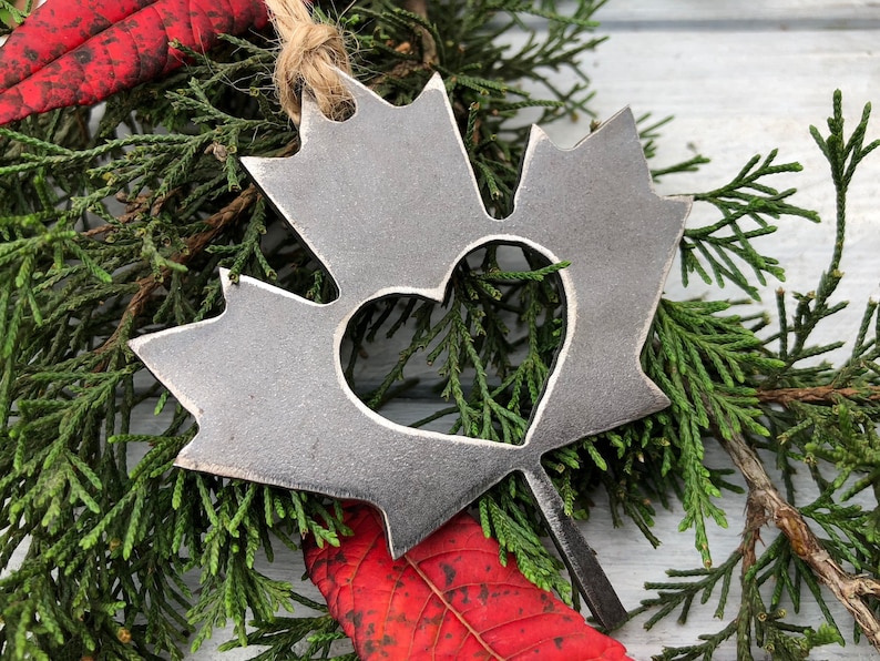 Fall Maple Leaf Christmas Ornament Vermont Canada Rustic Metal Heart Christmas Tree Ornament Holiday Gift Industrial Decor Wedding Favor image 1