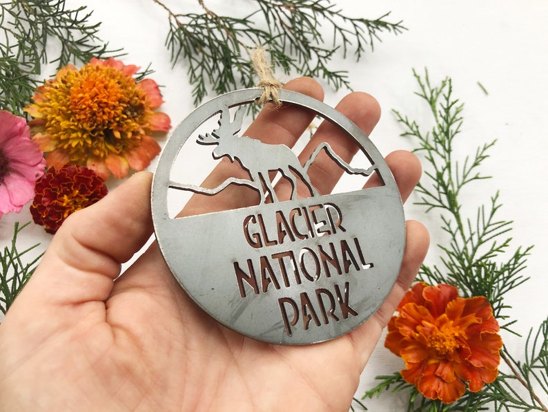 Glacier National Park Ornament made from recycled steel Montana Hiker Explore Adventure Into the Woods Climb Mountain Hiking Christmas Decor image 3