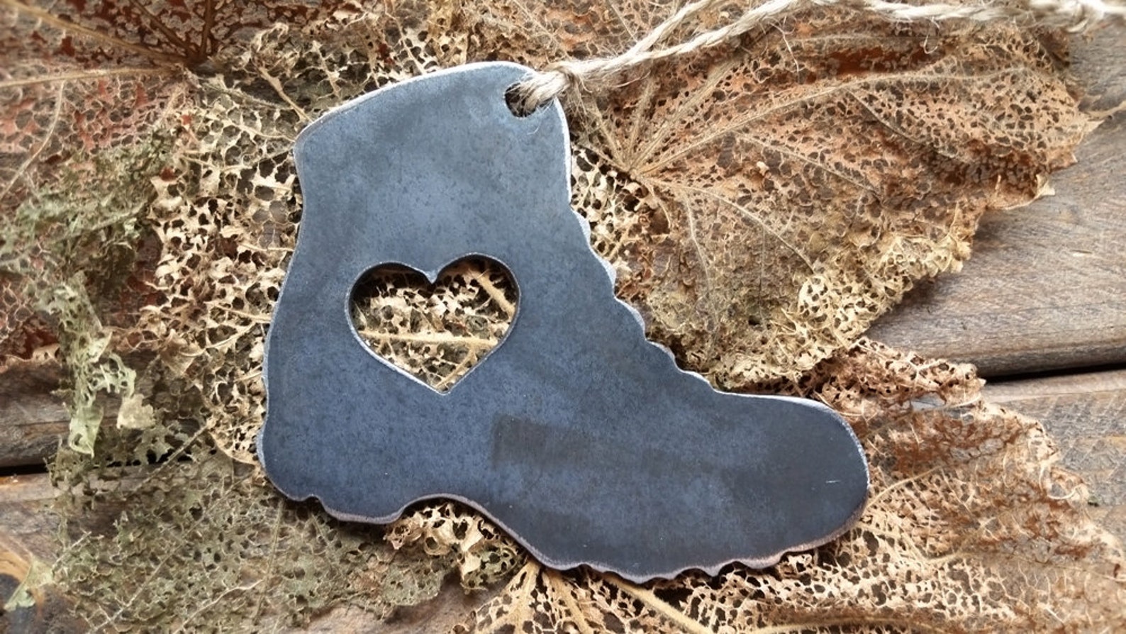 Hiking Boot Ornament With Heart Metal Raw Steel Christmas Tree Etsy