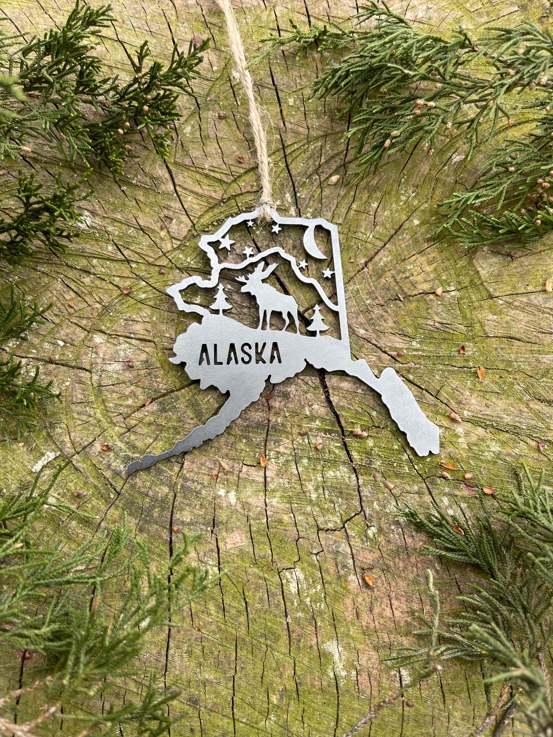 Alaska State Moose Mountain Scene Ornament Made From Raw Steel Adventure Gift Sustainable Gift