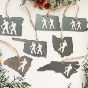 Pick your STATE HIKER Ornament made from Raw Steel Sustainable Gift Adventure Trails Mountain Number of hiker cutouts is NOT an option image 9