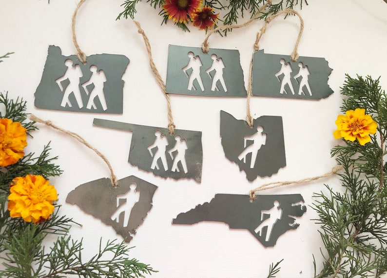 Pick your STATE HIKER Ornament made from Raw Steel Sustainable Gift Adventure Trails Mountain Number of hiker cutouts is NOT an option image 9