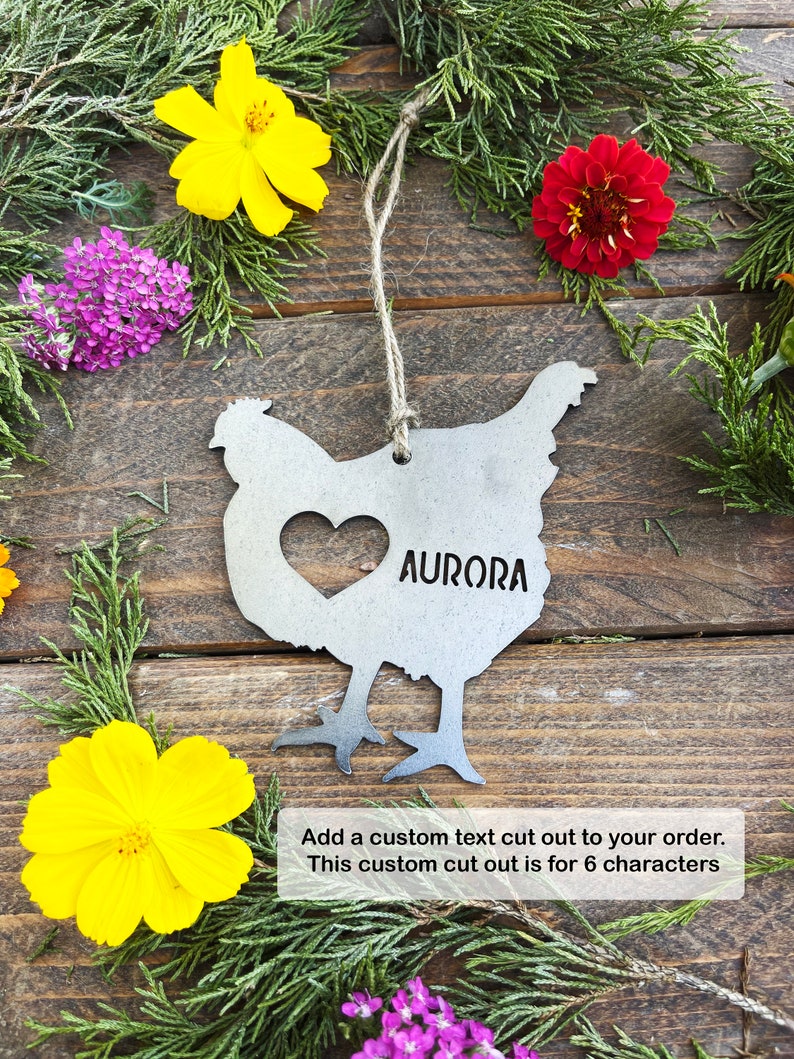 Chicken Hen Ornament with Heart made from Recycled Raw Steel Rustic Farmhouse Decor Farm Barn Homestead Farmstead Fresh Eggs Farm to Table up to 12 Characters