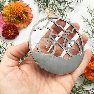 Mountain Biking Ornament made from 14g Raw US Steel Sustainable Gift Adventure Gift Explore Biking Gift Ride Bikes image 5