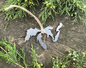 Great Lakes Rustic Raw Steel Christmas Ornament Recycled Metal Lake life Tree Holiday Gift Wedding Favor By BE Creations
