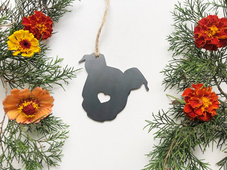 Puppy Dog Ornament with Heart Made from Recycled Raw Steel Metal Dog Ornament Christmas Tree Fur Baby Gift Rescue Dog Gift Pet Memorial image 3