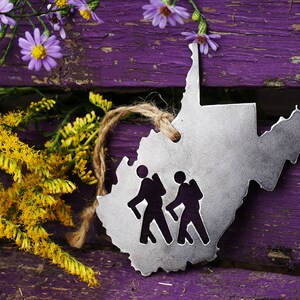 West Virginia State Hikers Metal Christmas Ornament Rustic Raw Steel WV Metal Holiday Decoration Stocking Stuffer Hike Hiking image 2