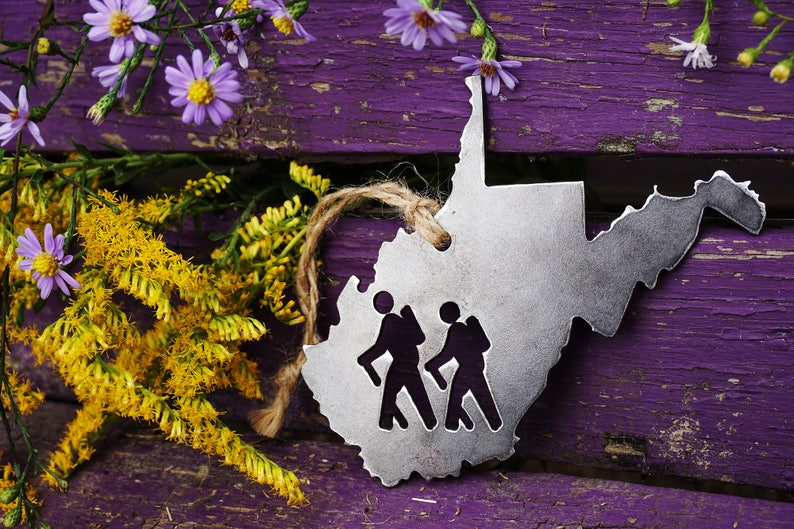 West Virginia State Hikers Metal Christmas Ornament Rustic Raw Steel WV Metal Holiday Decoration Stocking Stuffer Hike Hiking image 2