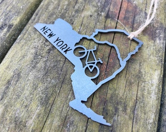 New York State Mountain Bike Ornament made from Rustic Raw Steel Anniversary Gift Biking Birthday Party Gift Catskills Mountains