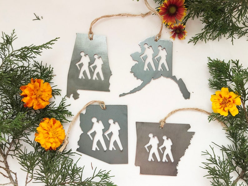 Pick your STATE HIKER Ornament made from Raw Steel Sustainable Gift Adventure Trails Mountain Number of hiker cutouts is NOT an option image 5