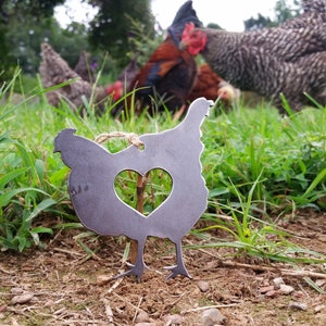 Chicken Hen Ornament with Heart made from Recycled Raw Steel Rustic Farmhouse Decor Farm Barn Homestead Farmstead Fresh Eggs Farm to Table image 5