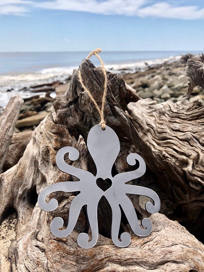 Octopus Metal Ornament Christmas Tree Decoration Holiday Decor Ocean Sea Beach House Hostess Gift Stocking Stuffer made from recycled steel image 1