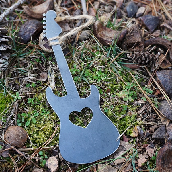 Electric Guitar Ornament w/ heart made from Recycled Raw Steel Love Music Christmas Tree Decoration Guitars Songs Electric guitar Host Gift