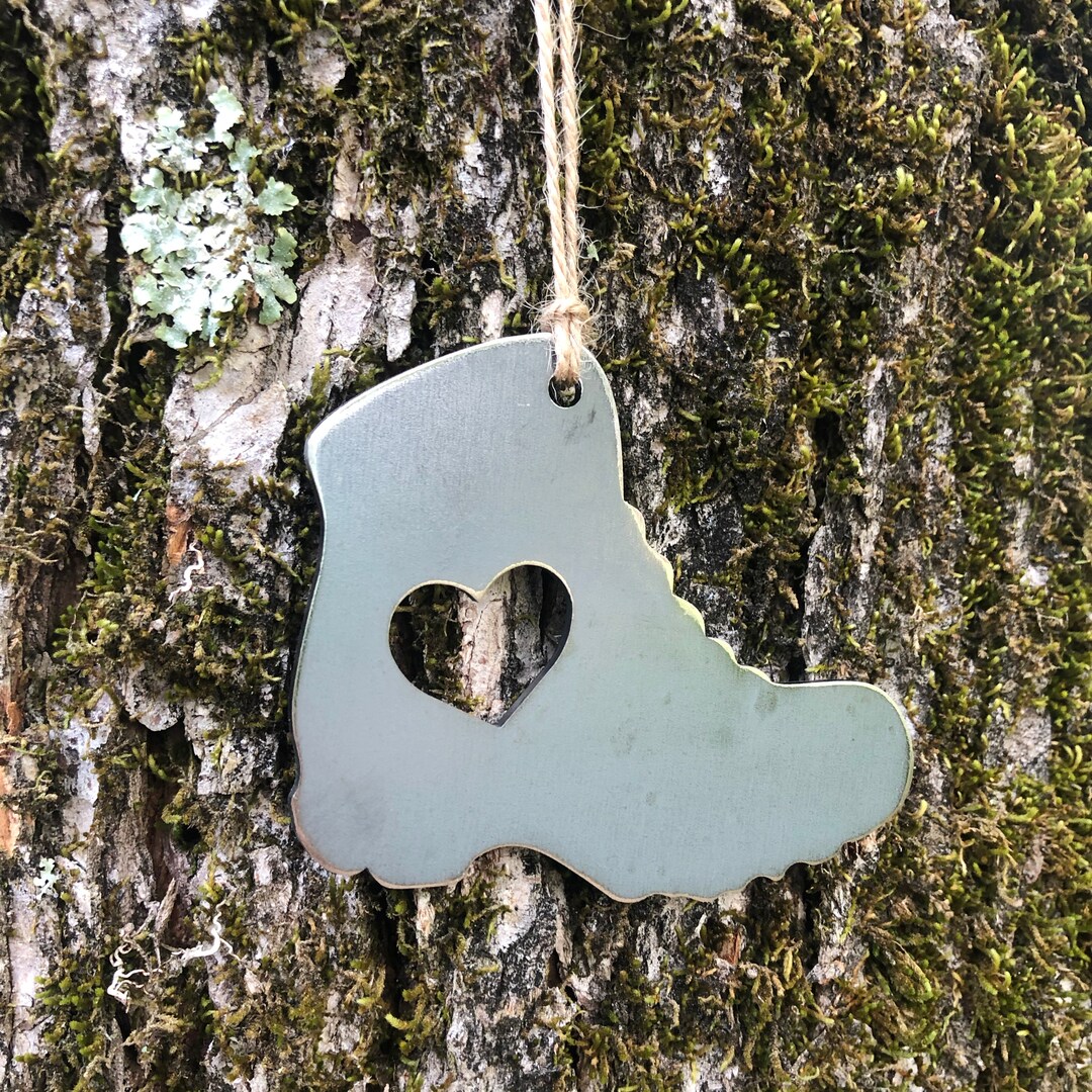 Hiking Boot Ornament With Heart Metal Raw Steel Christmas Tree