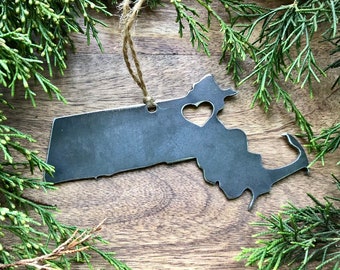 Massachusetts State Ornament with a tiny heart over Boston Made from Raw Steel Christmas Decor Wedding Gift Steel Anniversary Gift