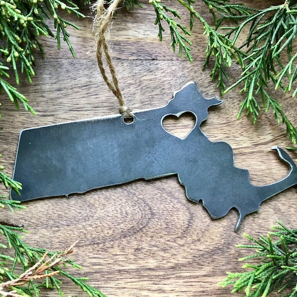 Massachusetts State Ornament with a tiny heart over Boston Made from Raw Steel Christmas Decor Wedding Gift Steel Anniversary Gift
