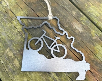 Missouri State Mountain Bike Ornament made from Raw Steel Rustic Farmhouse Christmas Decoration Outdoor Adventure Two Rivers Katy Trail