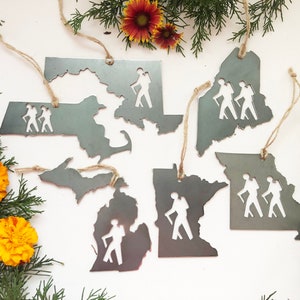 Pick your STATE HIKER Ornament made from Raw Steel Sustainable Gift Adventure Trails Mountain *Number of hiker cutouts is NOT an option*
